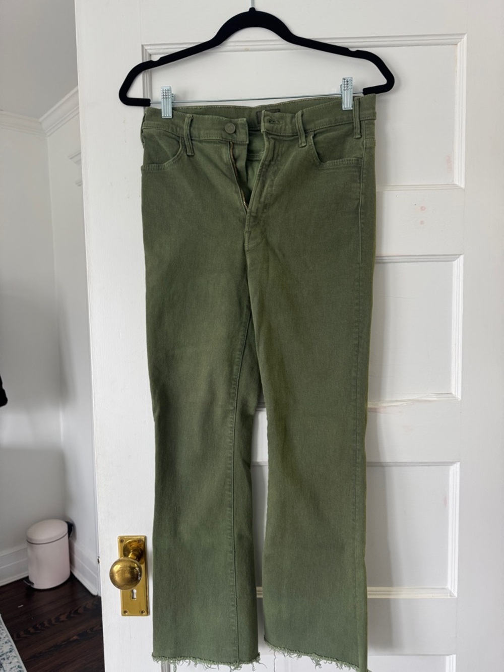 MOTHER Olive Green Cropped Ankle Jeans with Raw Hem